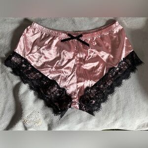 Pink Satin Under Shorts with Black Lace Trim, L
